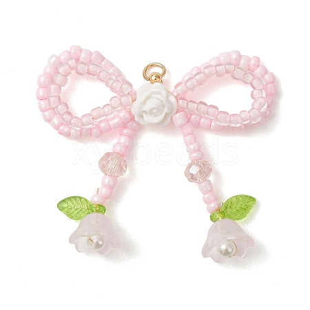 Glass Seed Beaded Bowknot & Flower Pendants PALLOY-MZ01220-01-1