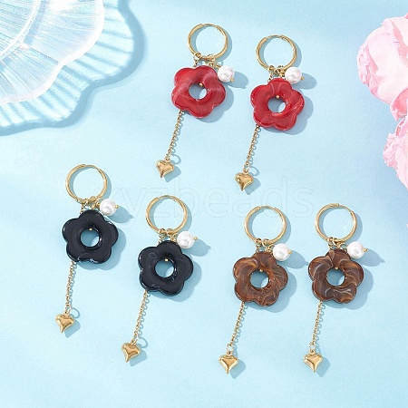 304 Stainless Steel Flower with Heart Tassel  Hoop Earrings EJEW-JE06730-1