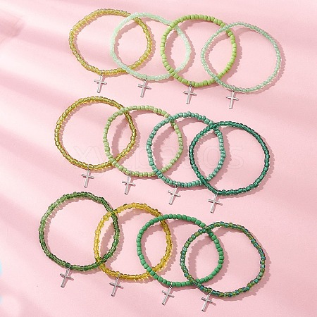 12Pcs 12 Colors 201 Stainless Steel Cross Charm Bracelets BJEW-JB13549-1
