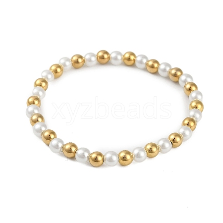 Ion Plating(IP) 304 Stainless Steel & Plastic Pearl Round Beaded Bracelets for Women BJEW-D046-01G-1