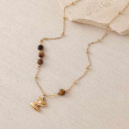 European Faceted Natural Tiger Eye 304 Stainless Steel Alphabet Pendant Necklaces QN9691-26-1