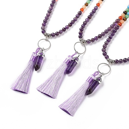 Natural Amethyst Bullet & Tassel Pendant Necklace with Mixed Gemstone Beaded Chains NJEW-E585-02C-1