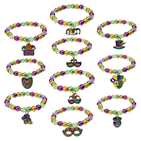 10Pcs Carnival Acrylic & Glass Pearl Bead Bracelets BJEW-CA00004-1