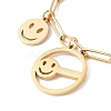 PVD Vacuum Plating Flat Round with Word Keep Smile Charm Necklace with 304 Stainless Steel Paperclip Chains for Women STAS-P304-07G-3