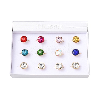 304 Stainless Steel with Glass Cuff Rings for Women RJEW-K309-41B-1