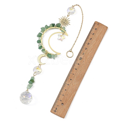 Natural Green Aventurine & Star Glass Beaded Suncatcher with Brass Sun Moon Charm HJEW-JM05016-04-1
