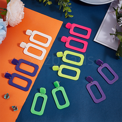 6 Pairs 6 Style Hollow Out Rectangle Acrylic Dangle Stud Earrings EJEW-AN0001-59-1