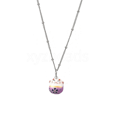 Porcelain Lucky Cat Pendant 304 Stainless Steel Twist Chain Necklaces for Women Men NJEW-JN05552-1