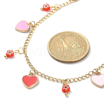 Alloy Heart & Millefiori Glass Flower Bib Necklace with Ion Plating(IP) Handmade 304 Stainless Steel Chains NJEW-JN04403-1