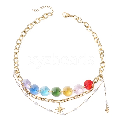 Star Pendant Chakra Octagon Glass Beaded 304 Stainless Steel Figaro Chain Bib Necklaces for Women NJEW-JN05533-1