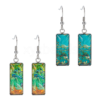 2 Pairs 2 Colors Glass Rectangle with Leaf Dangle Earring EJEW-FI0001-16-1
