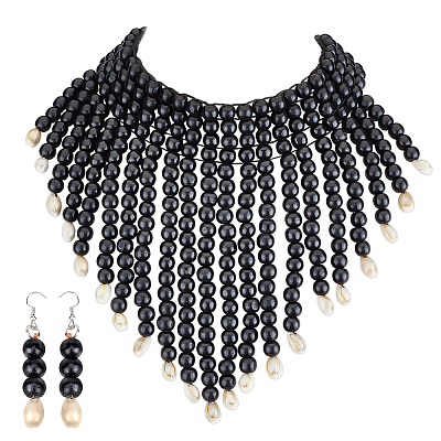 Ethnic Wood Beaded Necklaces & Dangle Earring Sets SJEW-WH0004-11-1