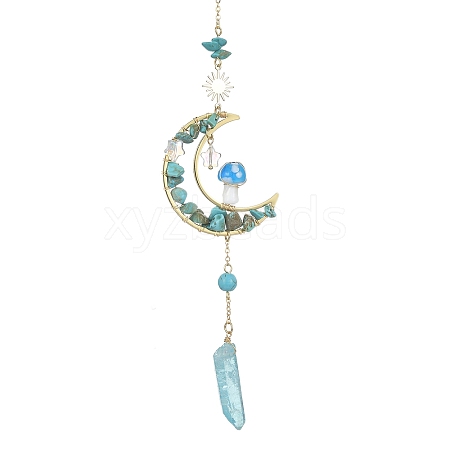 Wire Wrapped Synthetic Turquoise Chips & Brass Moon Pendant Decorations HJEW-TA00103-03-1