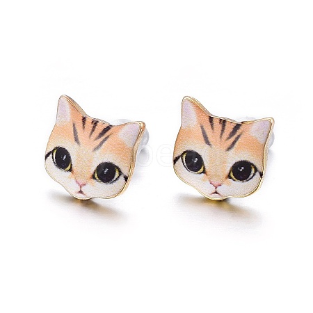 Real 14K Gold Plated Alloy Kitten Stud Earrings EJEW-G148-01G-09-1