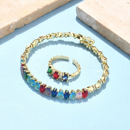 Oval Brass Micro Pave Cubic Zirconia Cuff Bangles & Rings Sets for Women SJEW-R002-06G-07-1
