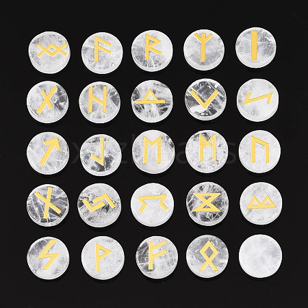 Brass Elder Futhark Alphabet Engraved Symbol Flat Round Natural Quartz Crystal Rune Stones G-I373-01B-1
