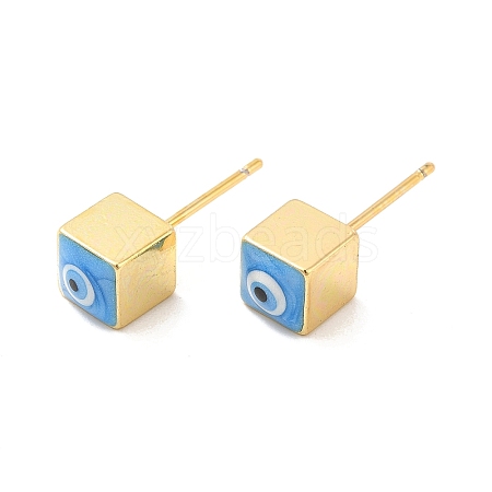 Long-Lasting Plated Cube with Enamel Evil Eye Stud Earring EJEW-E272-01G-01-1