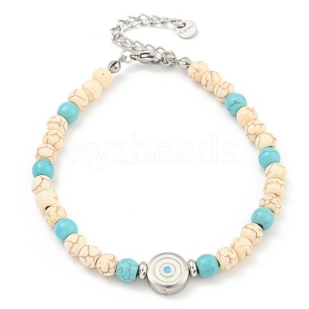 Evil Eye 304 Stainless Steel & Two Tone Synthetic Turquoise Round Beaded Bracelets for Women BJEW-G717-08P-1