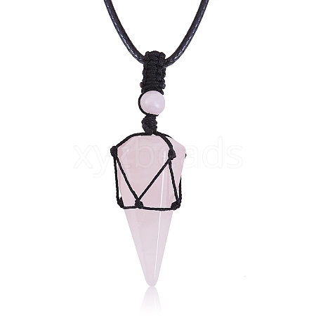 Natural Rose Quartz Cone Braided Pendant Necklace NJEW-SZ0001-59E-1