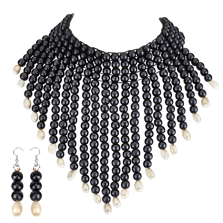 Ethnic Wood Beaded Necklaces & Dangle Earring Sets SJEW-WH0004-11-1