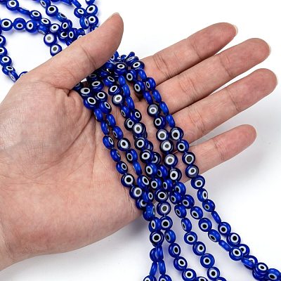 Handmade Evil Eye Lampwork Flat Round Bead Strands X-LAMP-L058-8mm-04-1