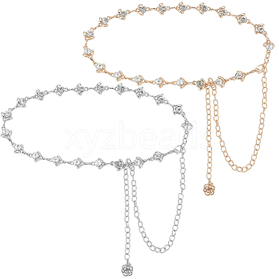 2Pcs 2 Colors Crystal Rhinestone Flower Link Chain Belts AJEW-CP0005-69-1