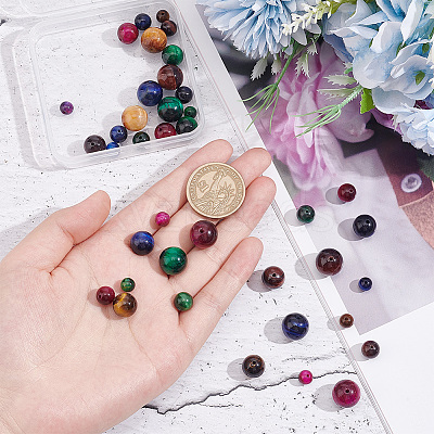 40Pcs 4 Sizes Natural Tiger Eye Beads G-AR0005-07-1