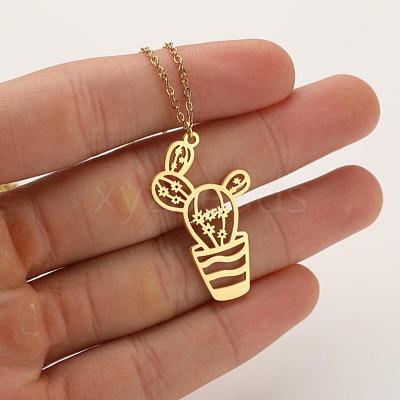 304 Stainless Steel Cutout Cactus Potted Plant Pendant Necklaces for Women WGA529A-01-1