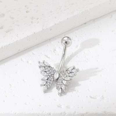 Brass Pave Clear Cubic Zirconia Curved Barbell Butterfly Belly Rings LS-AJEW-L099-01A-P-1