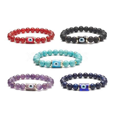 5Pcs 5 Style Natural & Synthetic Mixed Gemstone & Lampwork Evil Eye Beaded Stretch Bracelets Set for Women BJEW-TA00234-1