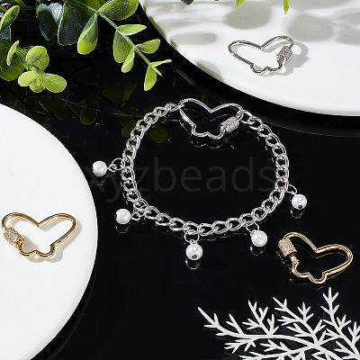 4Pcs 2 Colors Butterfly Brass Micro Pave Clear Cubic Zirconia Screw Carabiner Lock Charms KK-WR0001-05-1