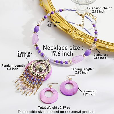 Bohemian Ethnic Style Alloy & Acrylic & Natural Shell Flat Round Tassel Pendant Necklaces & Dangle Earrings Sets FS-WGE5C82-05-1