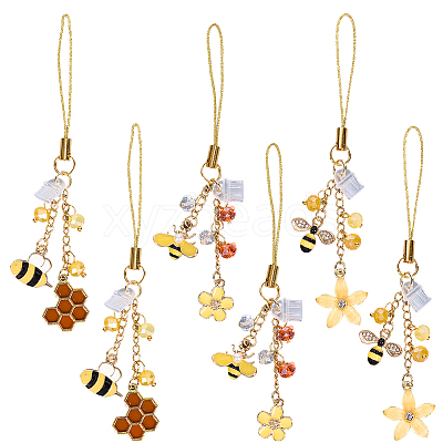 6Pcs 3 Styles Bees Alloy Enamel & Glass Mobile Straps HJEW-SC0001-94-1