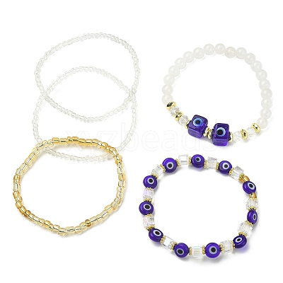 5Pcs 5 Style Natural Quartz Crystal & Lampwork Evil Eye & Seed Beaded Stretch Bracelets Set BJEW-JB09616-04-1