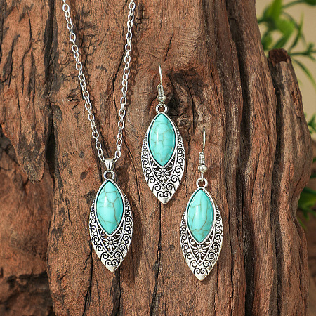 Bohemian Ethnic Style Zinc Alloy & Synthetic Turquoise Pendant Necklaces & Dangle Earrings Sets WG7E01E-10-1