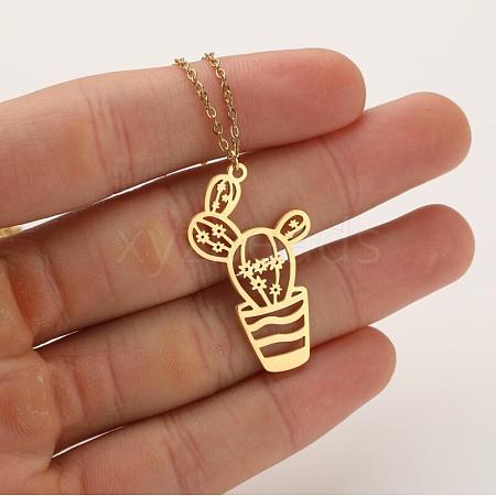 304 Stainless Steel Cutout Cactus Potted Plant Pendant Necklaces for Women WGA529A-01-1