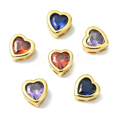 6Pcs 3 Colors Brass Micro Pave Cubic Zirconia Heart Slide Charms ZIRC-YW0001-36A-1