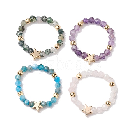 Round Natural Apatite & Green Aventurine & Amethyst & Moss Agate Beads Stretch Rings for Women RJEW-JR00714-02-1