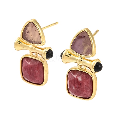 Ion Plating(IP) Natural Amethyst and Natural Rhodonite Stud Earring Findings EJEW-U014-01C-1