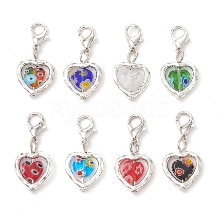 Heart Millefiori Glass & Alloy Pendant Decorations HJEW-JM02836-1