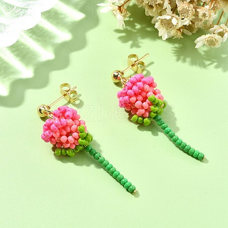 304 Stainless Steel Rose Glass Seed Beaded Dangle Stud Earrings EJEW-MZ00333-03-1