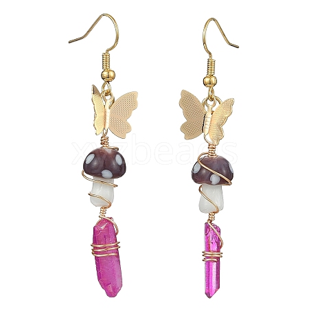 Dyed Natural Quartz Crystal Nugget & Mushroom Lampwork Dangle Earrings EJEW-TA00335-03-1