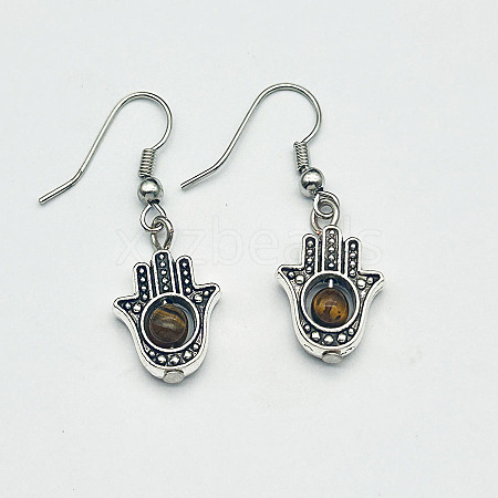 Natural Crystal Stone Hamsa Hand & Round Dangle Earrings UB8598-6-1