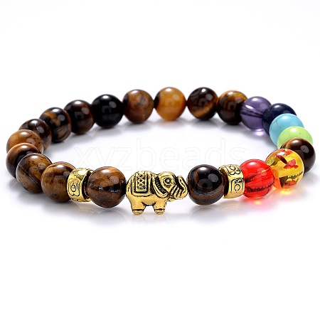 Ethnic Style Chakra Antique Golden Tone Alloy Elephant & Round Natural Tiger Eye Beaded Stretch Bracelets for Women Men QP2163-4-1