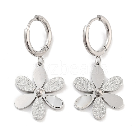 Left and Right Texture Flower 304 Stainless Steel Shell Dangle Earrings EJEW-L283-076P-1