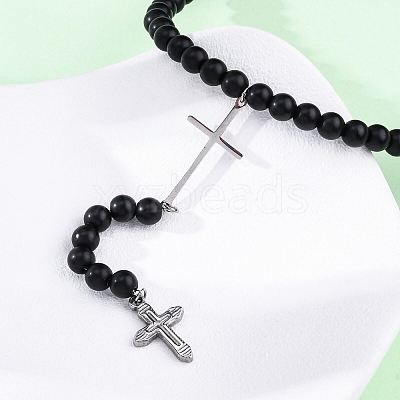 Adjustable Stainless Steel Double Cross Pendant Necklaces NJEW-F336-02P-1