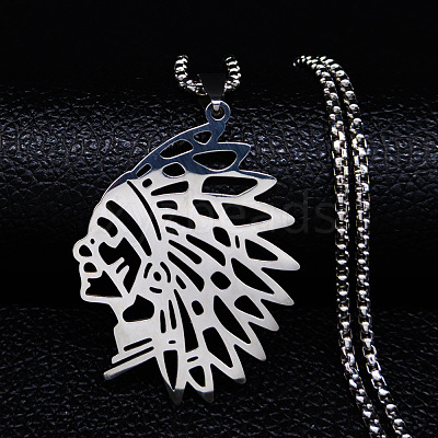 201 Stainless Steel Hollow Cut American Indian Chief Pendant Necklaces NJEW-H065-13P-1