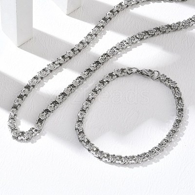 304 Stainless Steel Flower Link Chain Necklaces & Bracelets Sets SJEW-D091-04P-1