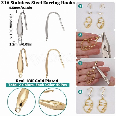 80Pcs 2 Colors 316 Surgical Stainless Steel Earring Hooks STAS-SC0005-66-1