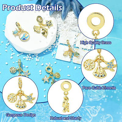5Pcs 5 Styles Brass Pave Cubic Zirconia European Dangle Charms KK-CJ0004-01-1